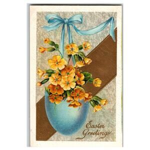 Vintage Embossed Easter Greetings Postcard Yellow Flowers Blue Vase Ribbon